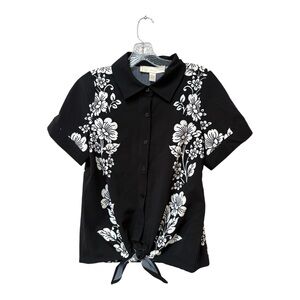 Rich & Famous Floral Button Front Tie Top NWT Size L